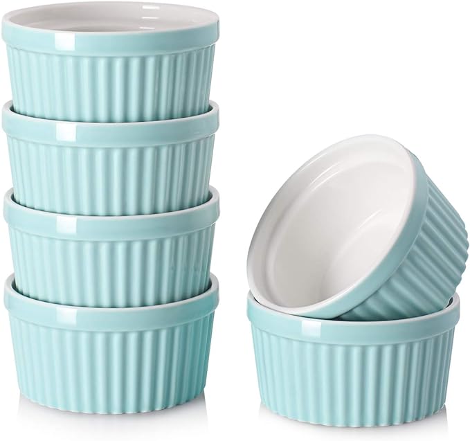 DOWAN Ramekins 6 oz Oven Safe for Creme Brulee Souffle, Porcelain Ramekin for Baking, Classic Style Ramekins Bowls Souffle Dishes Custard Cups, Set of 6, Blue
