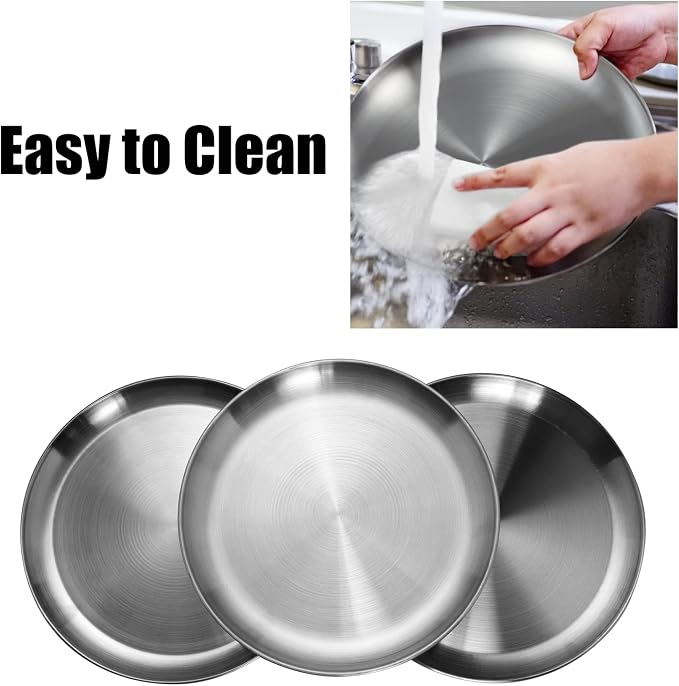 CAMBUY Stainless Steel Plates 9 inch 10 Pcs Metal Dinner Dishes Plate Set | Reusable Unbreakable Lightweight Non-Toxin Dishwasher Safe BPA Free Dish Set for Home Kitchen BBQ Restaurant Outdoor Camping