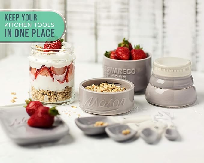 Comfify Gray Mason Jar Measuring Set – 4 Cups, 4 Spoons, Spoon Rest | Gray; ceramic; 9-piece set; 4 measuring cups + 4 measuring spoons + spoon rest; mason jar design; hand wash only