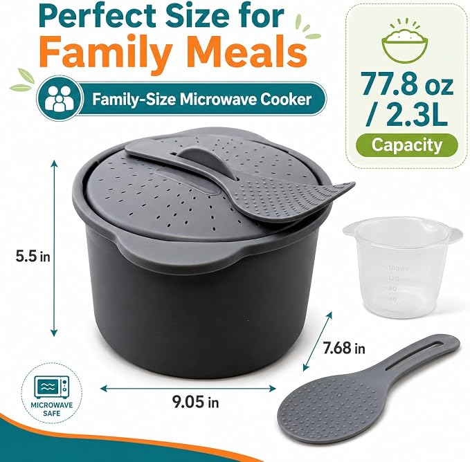 Microwave Rice Cooker and Grain Steamer 2.3L with Paddle and Measuring Cup | 2.3L microwave cooker for rice, grains and vegetables with locking vented lid, paddle and measuring cup