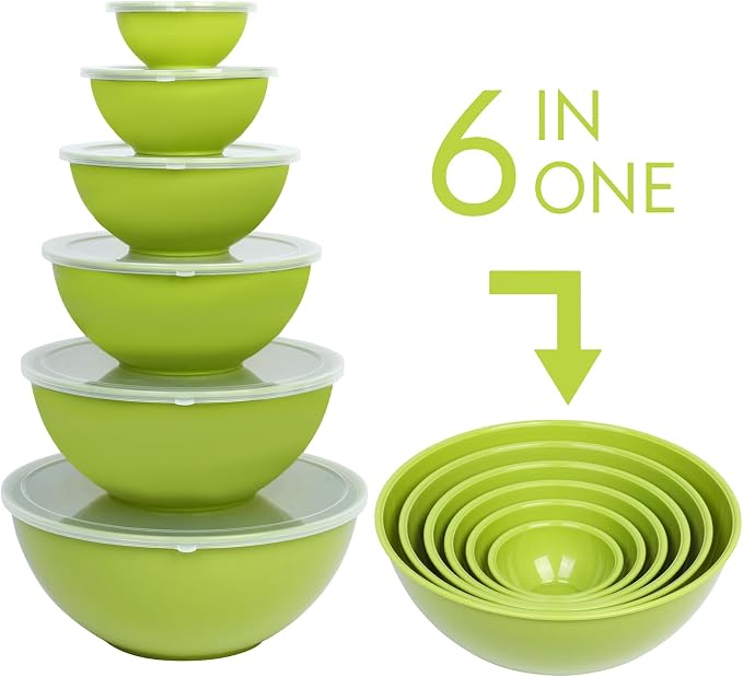 BoxedHome BPA Free Plastic Round Mixing Bowl with Lids, 12 Pack Nesting Bowls with Lids Set, Microwave and Dishwasher Safe Prep & Serving Bowls Great for Mixing, Baking, Serving (Light Green, 12pcs)