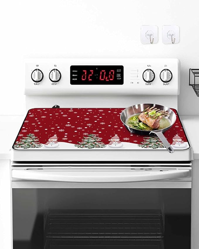 Stove Top Covers for Electric Stove 31x24 Inches, Red Christmas Snowman HeatResistant Glass Cooktop Protector, Winter Xmas Snowflake Ceramic Stovetop Countertop Covers Christmas Tree Mat, Oven Cover