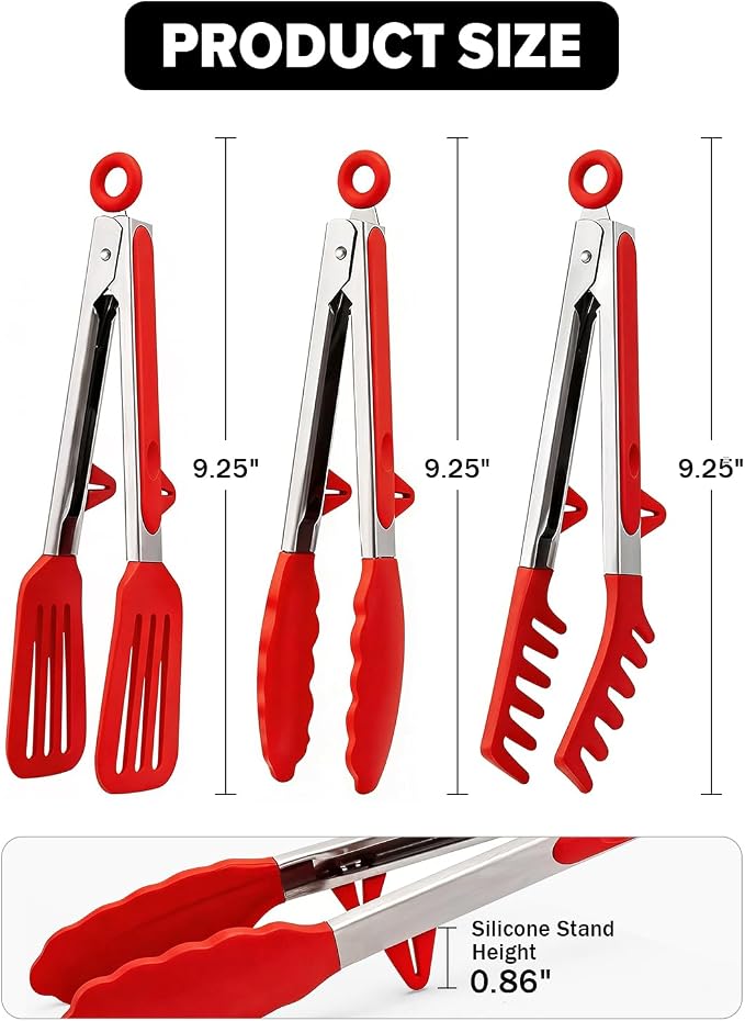 Kitchen Tongs for Cooking, Non Scratch Silicone Tip for Nonstick Cooking Pans, Food Grade Mini Serving Tongs, Pull Lock, Set of 3 (Red, 9 inch)