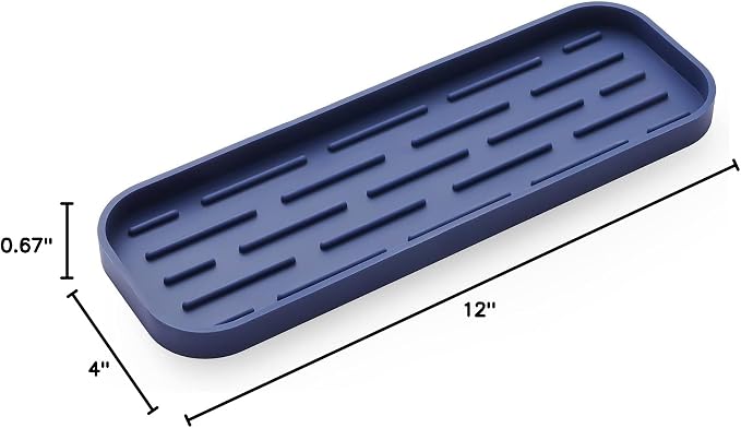 MicoYang Silicone Kitchen Sink Organizer Tray for Multiple Usage,Eco-Friendly Sponges Holder for Kitchen Bathroom Counter or Sink,Dish Soap Dispenser,Scrubber,Bottle,Cup (Navy Blue, 12"×4")