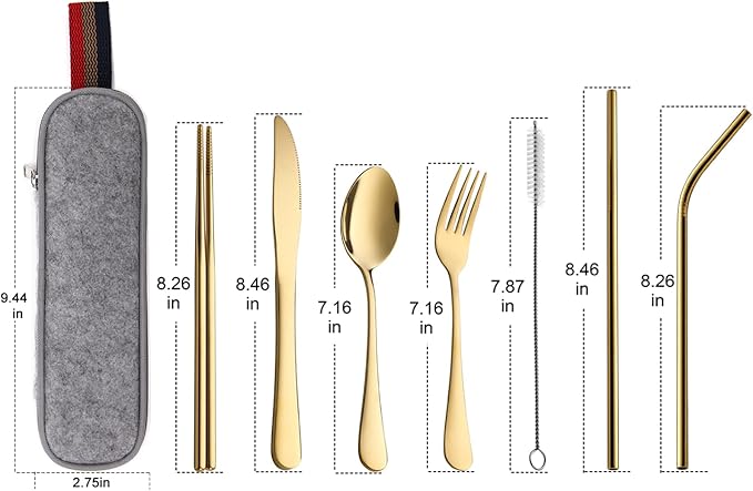 DEVICO Camping Utensils, Full-Size Travel Silverware Set with Case for Work | 8Pcs Stainless Steel Travel Cutlery Set, Portable Metal Straws Chopsticks Fork Spoon Knife Set for Lunch Box/School, Gold
