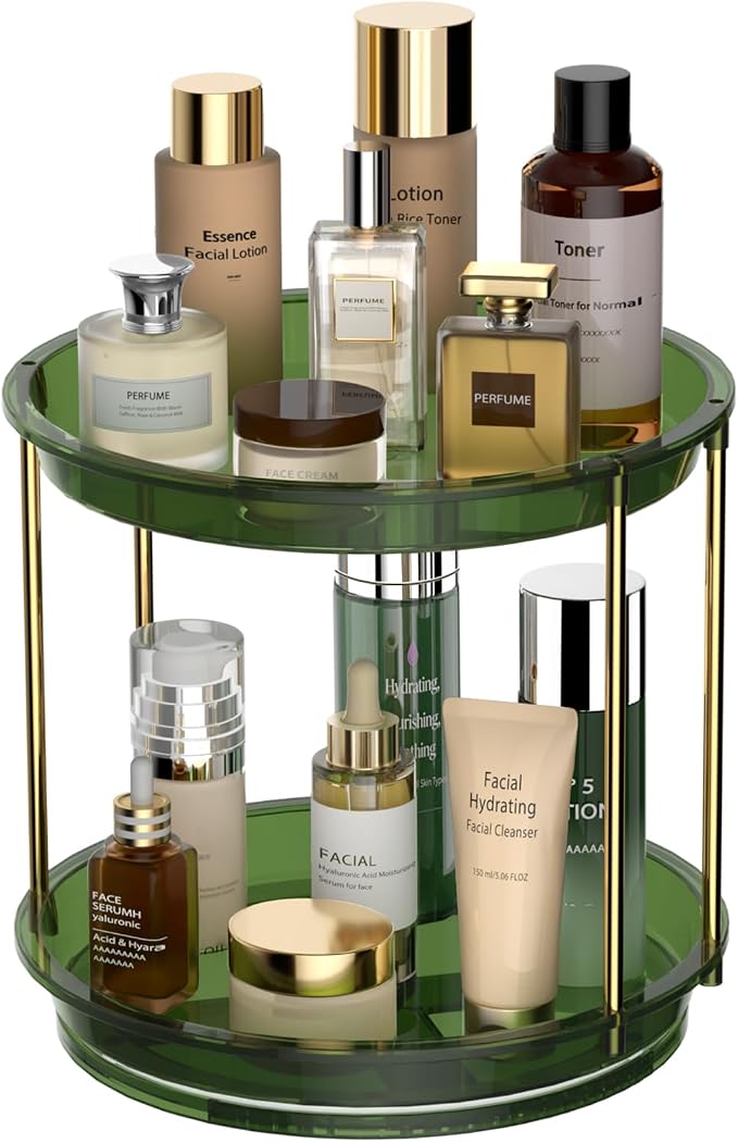 Rotating Makeup Organizer, Perfume Skincare Holder, 2 Tier 9 Inch, Green | 360° Smooth Spinning Vanity Tray, Large Capacity, Space-Saving Cosmetics Storage for Bathroom Countertop, Dresser