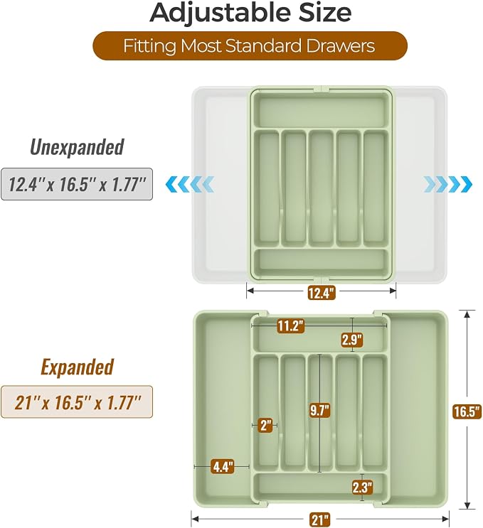 ukeetap Extra Large Expandable Silverware Organizer, Flatware Tray, Green | BPA-Free Food-Safe Kitchen Utensil Cutlery Drawer Organizer, Adjustable Silverware Holder for Spoons Forks Knives