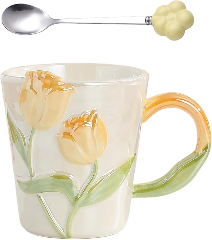 Tulip Flower Ceramic Mug 11.8Oz, Handmade Cute Coffee Tea Cup for Women, Unique Gift for Flower Lovers Mom Friend, Christmas Birthday Surprise, Yellow
