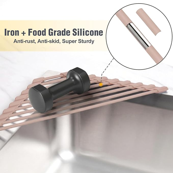 Tomorotec Roll Up Dish Drying Rack with Silicone Coating, Light Coffee | 304 Stainless Steel with BPA-Free Silicone, Triangle Design Maximizes Sink Corner Space, Fits Compact Kitchens And RVs