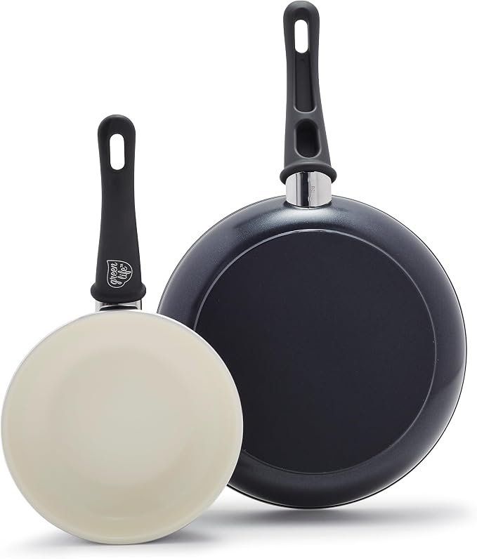 GreenLife 2 Piece (7” & 10”) Ceramic Nonstick Frying Pan Set, Black & Cream | PFAS-Free Nonstick Coating, Family Skillet Set, Egg Pan, Omelet Pan, Stay-Cool Handles, Dishwasher & Oven Safe up to 350F