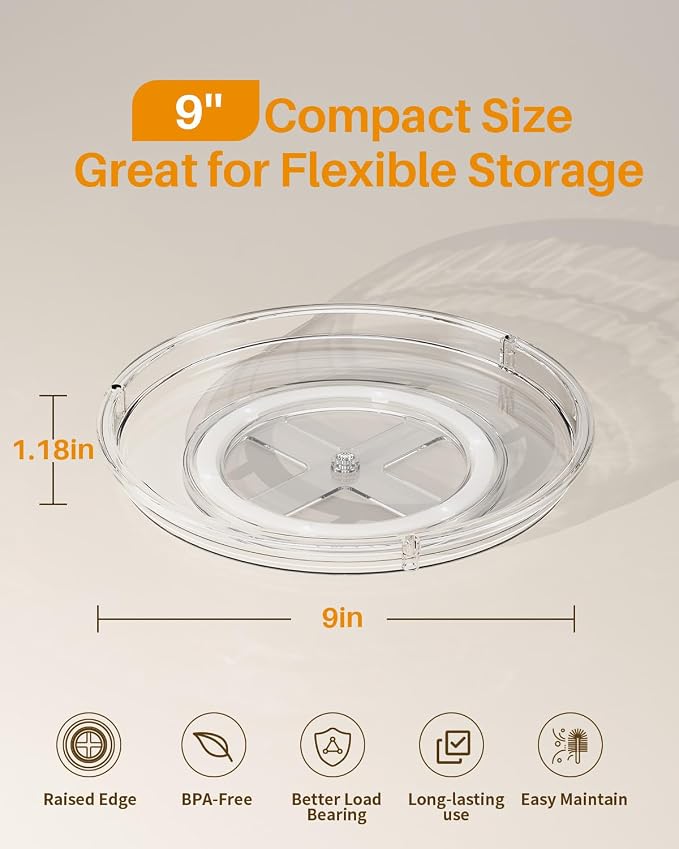 LAMU 4 Pack Lazy Susan Organizer 9 inch Lazy Susan Turntable for Cabinet, Rotating Spice Organization for Cabinet, Kitchen, Table Top, Countertop, Pantry Fridge Organizers and Storage, Clear