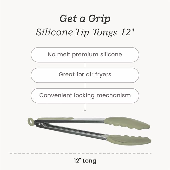 Starpack Get a Grip Silicone Kitchen Tongs (12 Inch) - LFGB Non Toxic, 600°F Heat Resistant, BPA-Free - Heavy-Duty Stainless Steel, Locking - Dishwasher Safe for Nonstick Cookware Sage Green