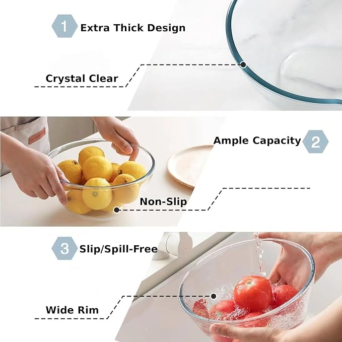 Cuiselect 3pc Glass Mixing Bowls with Lids Set (1.64QT, 1.16QT, 0.85QT), Thick Salad Bowl, Nesting Glass Mixing Bowl for Cooking, Baking, Prepping-Dishwasher Microwave Freezer Safe