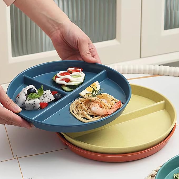 PUPOPIK 9" Unbreakable Divided Plates Set of 5, Wheat Straw Plate Reusable Dinnerware Portion Control Plate, Round Bariatric Plastic Plate for Kids Adults, BPA-free, Dishwasher Safe