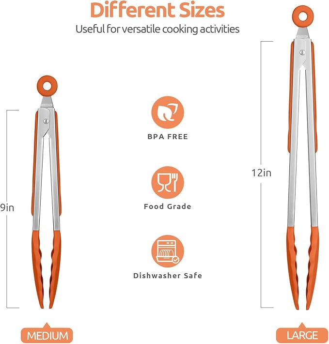 U-Taste Kitchen Tongs for Cooking, 600ºF Heat-Resistant Tps, 2Pcs/Orange | Silicone Tong Set 9/12in, Salad/Grill/BBQ Plastic Tong for Food Serving, Rubber Tipped Tong with 18/8 Stainless Steel Handle