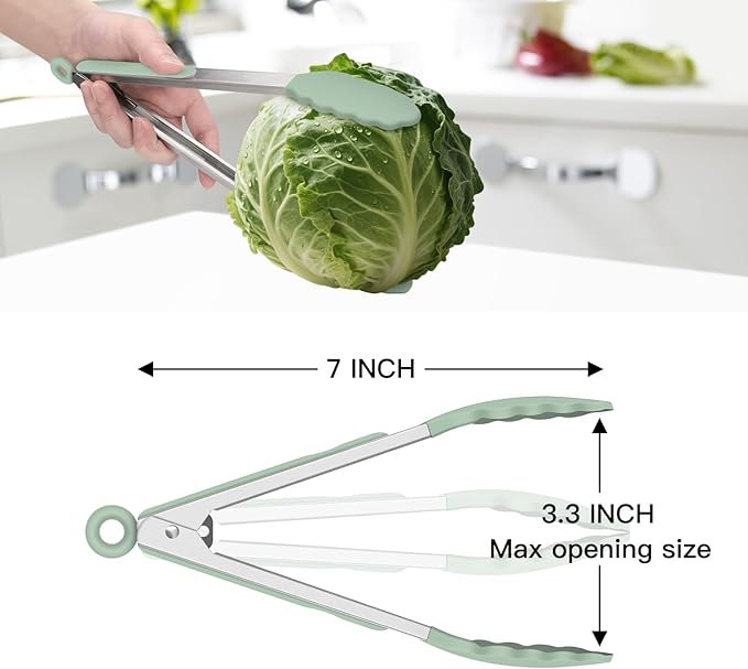 Hotec Mini Silicone Kitchen Tongs for Cooking - 7-Inch Small Serving Tongs with Silicone Tips, Set of 3 (Light Green)