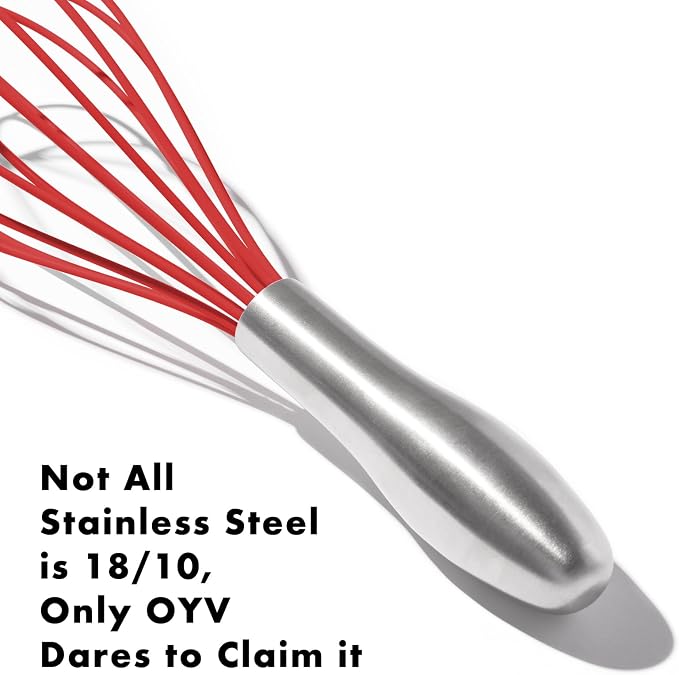 OYV 10-Inch Red Silicone Whisk, Non-Scratch, 18/10 Stainless Steel Handle | 480°F Heat Resistant, BPA-Free Silicone, Sealed Waterproof Handle, Nonstick-Safe, Dishwasher Safe