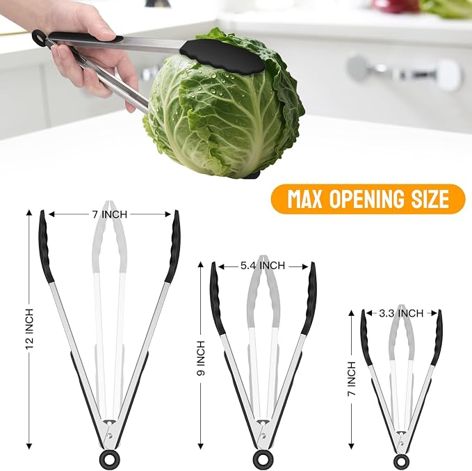 HOTEC Premium Stainless Steel Locking Kitchen Tongs with Silicon Tips, Heat Resistant Cooking Tongs Set of 3-7", 9" and 12", Black