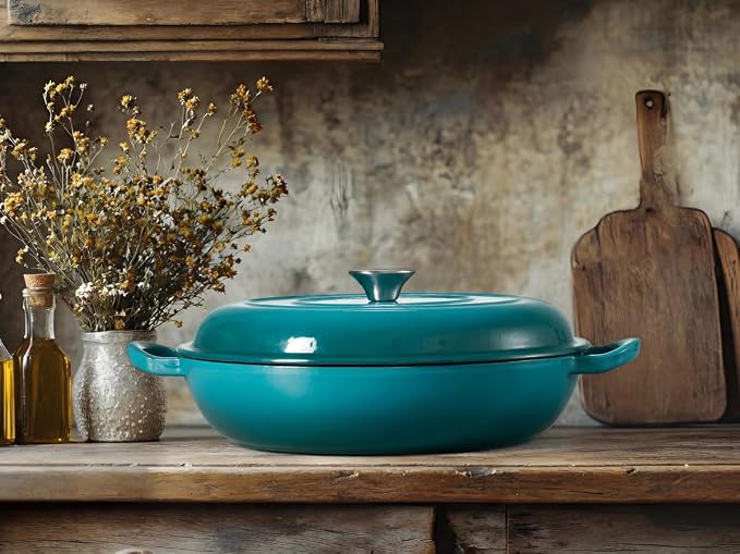 Leonyo 3.6QT Cast Iron Braiser Shallow Dutch Oven with Lid,Lake Green | Nonstick Enameled Cast Iron Casserole Skillet, Cast Iron Cookware Shallow Dutch Oven with Lid for All Cooktop, Oven Safe