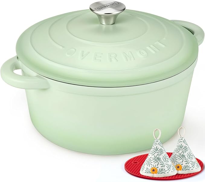 Overmont Enameled Cast Iron Dutch Oven - 7QT Pot with Lid Cookbook & Cotton Potholders - Heavy-Duty Cookware for Braising, Stews, Roasting, Bread Baking Verdant