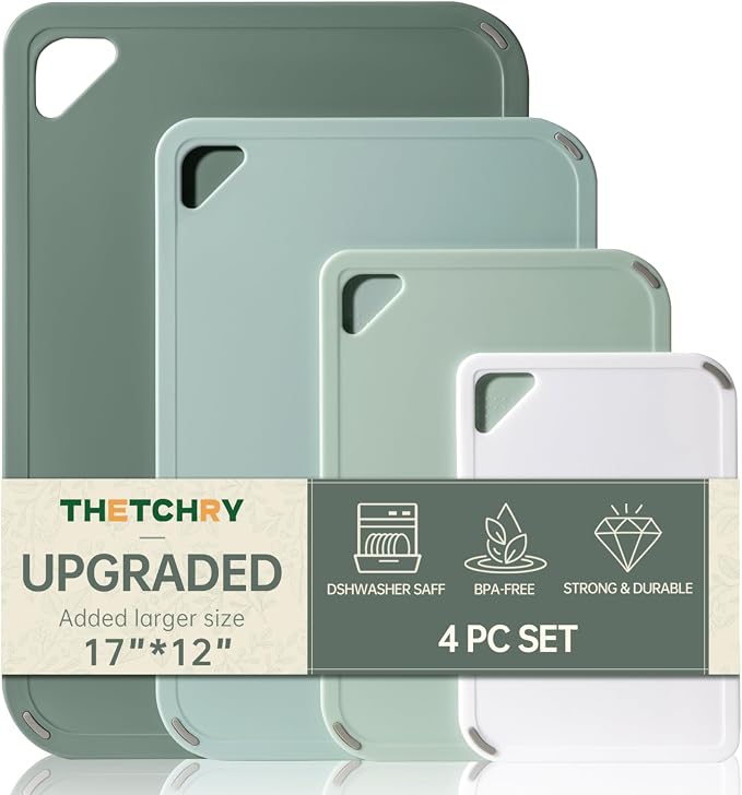 Plastic Cutting Board Set, Extra Large Cutting Board for Kitchen | Upgarded Set of 4, Non-Slip with Grip Handle, Large -Small Chopping Board for Cooking, Bpa Free, Dishwasher Safe, Sage Green