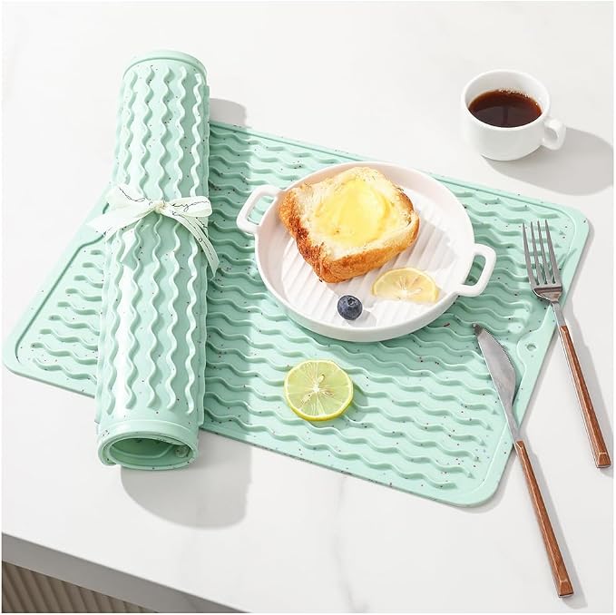 CAKETIME 2 Pack Multicolor Silicone Dish Drying Mat for Kitchen Counter Baking Cooking Tools Coffee Must Haves Household Finds Dryer Work Place Covers Rubber Rug Extra Large 24"*18" Green