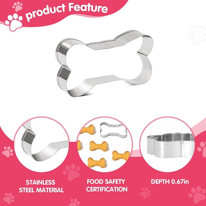 6 PCS Dog Bone and Paw Cookie Cutters, 3 Sizes, Stainless Steel | Print Shaped, For Homemade Baking Theme Party Homemade Treats Print