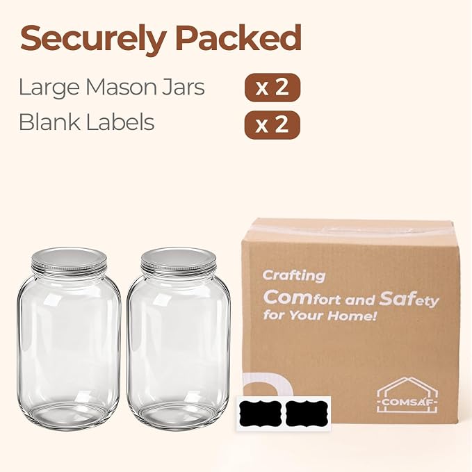ComSaf 128 oz Wide Mouth Mason Jars 2 Pack, 1 Gallon Glass Jars with Lids | BPA-Free Materials, Large Size, Canning Pickling Sauce, Meal Prep Salad, Sourdough, Flour And Sugar For Baking, Food Storage