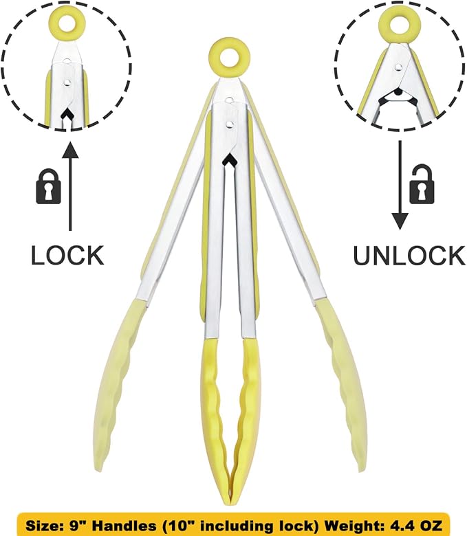 HINMAY Silicone Tipped Tongs 9" Kitchen Cooking Tongs, Set of 3 (Yellow)