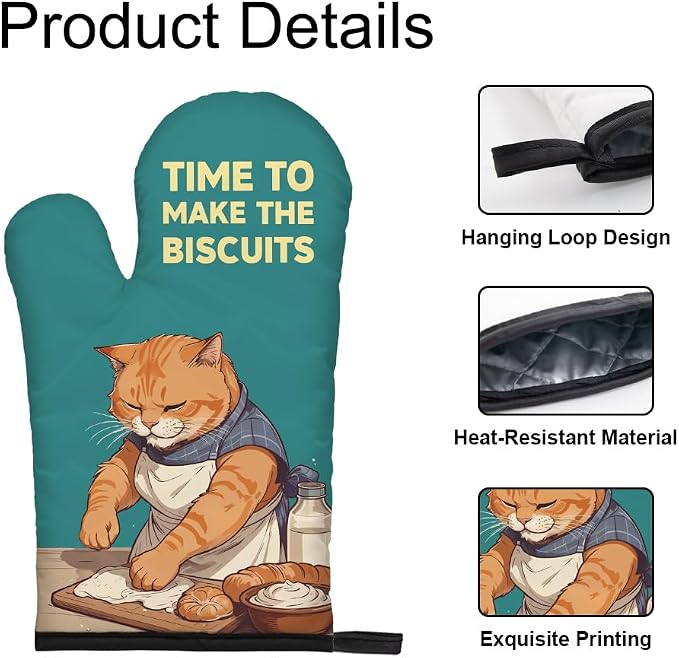 DYJYBMY Time to Make The Biscuits Funny Cat Oven Mitts and Pot Holder Set, Cute Kitchen Gadgets for Pet Lover, Housewarming Gifts for Cat Mom Dad, Bake Lover Gifts for Mom Dad Wife Husband BFF (LLS)