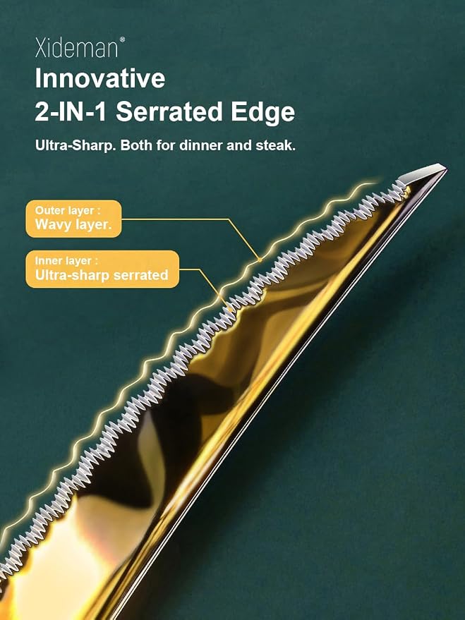 16-Piece Luxury Gold Hammered 18/10 Stainless Steel Silverware Set | Ultra Sharp 2-IN-1 Serrated Knives, Premium Titanium Coating, Non-Slip Handle, Service for 4, Rust Resistant, Dishwasher Safe