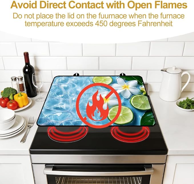 Tropical Plumeria Lime Stove Top Cover for Electric Gas Stove | Fresh tropical coastal kitchen decor; non-slip stovetop cover, glass cooktop counter mat, summer citrus lime decor