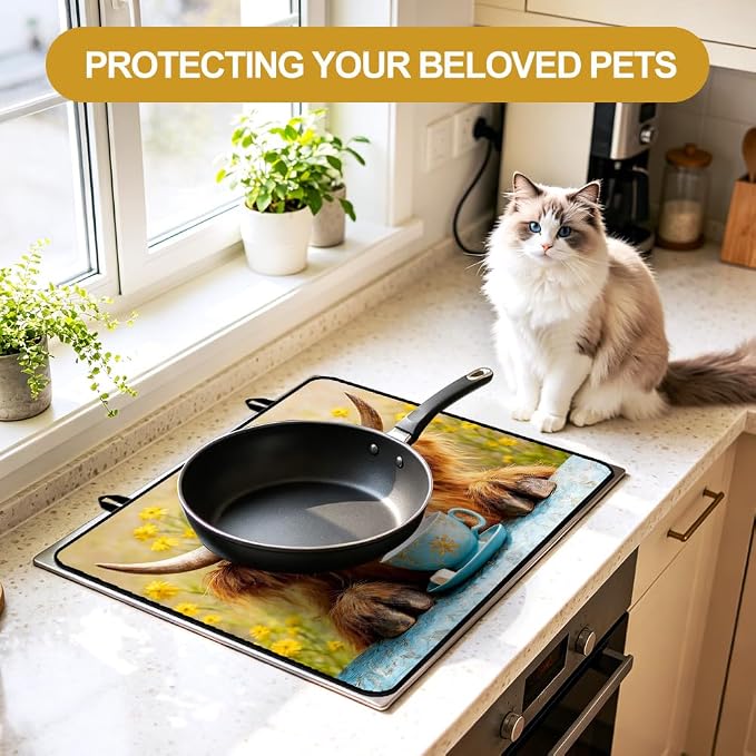 Highland Cow Stove Top Cover 28x20 Inch Farmhouse Electric Stove Cover | Heat Resistant Cooktop Protector Mat with Non-Slip Backing, Scratch Protection and Countertop Drying Mat.