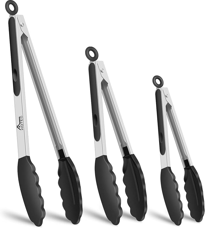 HOTEC Premium Stainless Steel Locking Kitchen Tongs with Silicon Tips, Heat Resistant Cooking Tongs Set of 3-7", 9" and 12", Black