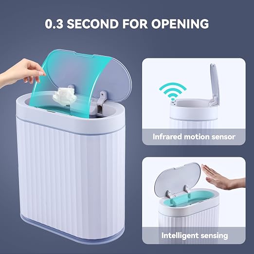 ELPHECO Bathroom Trash Can with lid 2.5 Gallon Motion Sensor White and Gray | Slim Wastebasket, Automatic Trash Bin Bathroom Decor for Bedroom and Office