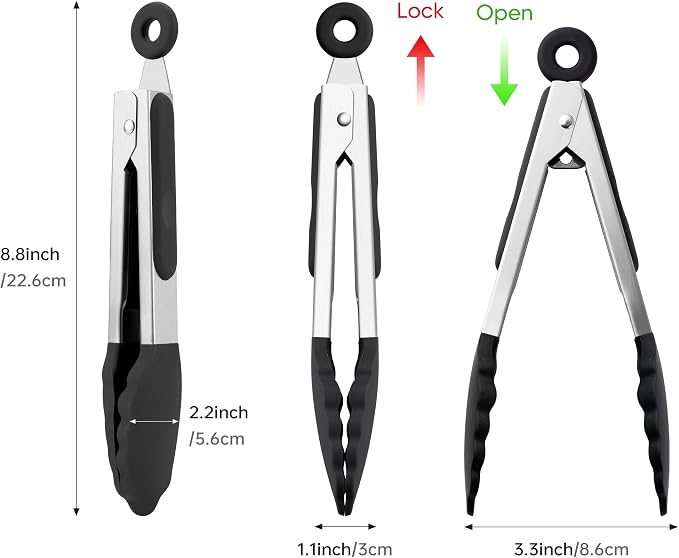 7-Inch Kitchen Tongs Set of 3, Cooking Tongs with Silicone Tips | For Cooking/Serving/Grilling | Heat-Resistant | Food-Grade Material | Dishwasher Safe | Black/White/Gray