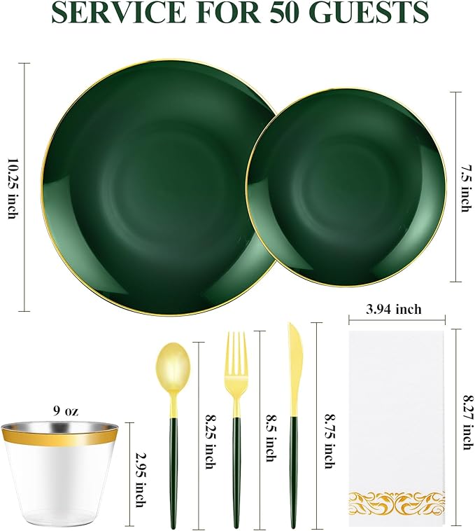 Bestluck 350PCS Green Plastic Dinnerware Set, Green Plastic Plates for 50 Guests, Include 100 Green Gold Plates with 150 Plastic Cutlery, 50 Napkins and 50 Cups