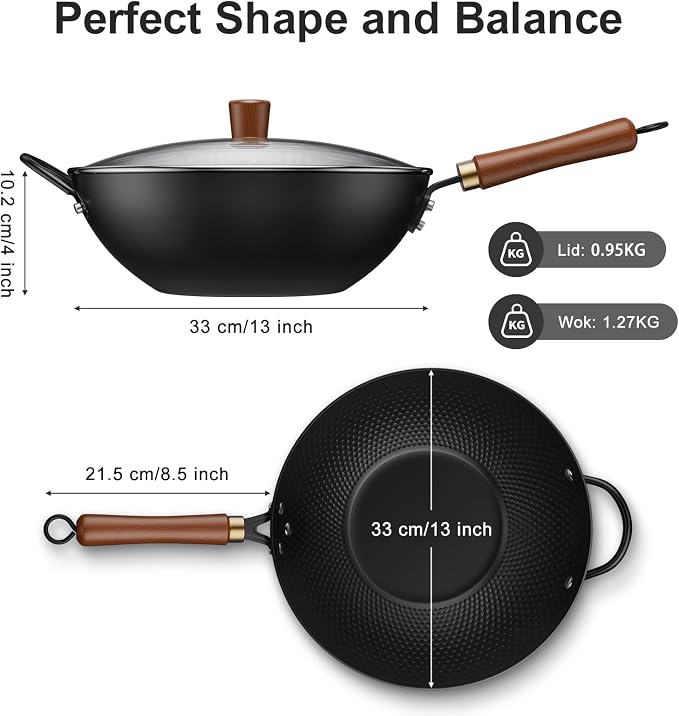 Todlabe Wok with Lid, 13 Inch Carbon Steel Woks & Stir-fry Pans Nonstick | Pre-Seasoned 5.6QT Flat Bottom Chinese Wok Pan with Lid, PFOA/PTFE free Cookware Compatible with All Cooktops