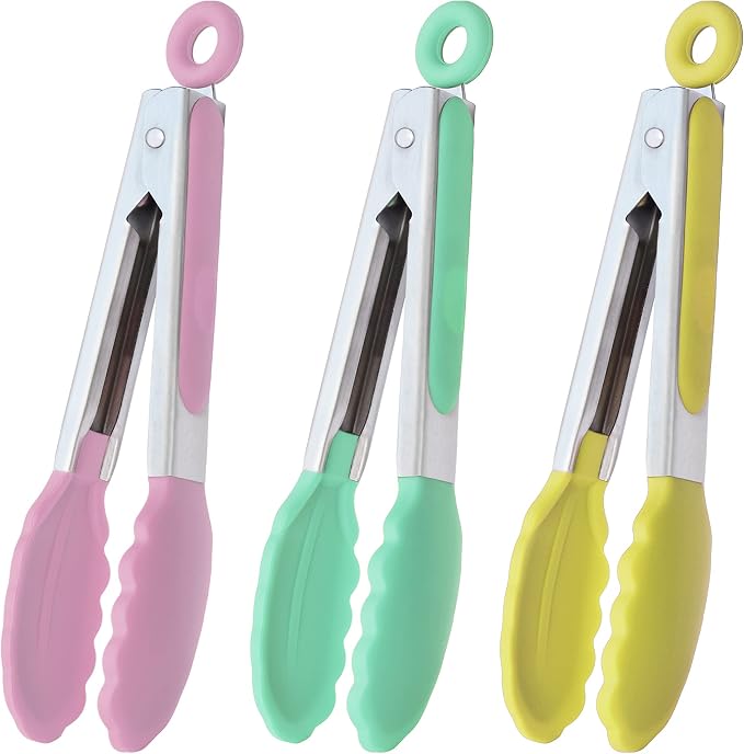 HINMAY Small Tongs with Silicone Tips 7-Inch Serving Tongs, Set of 3 | Pink Mint Yellow