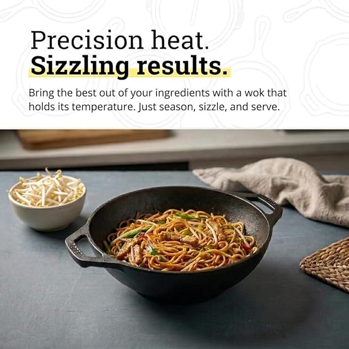 Lodge Cast Iron Mini Wok - Naturally Seasoned Stir Fry Pan with Dual Loop Handles - Compact Cast Iron Cookware for Searing, Serving & Everyday Cooking - 9 Inches