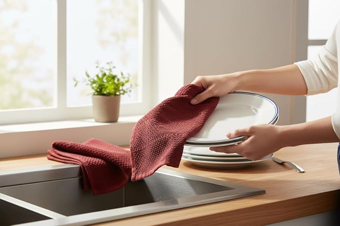 Dark Red Brick Kitchen Hand Dish Towels, Set of 3, 100% Cotton, 18" x 28" | Terry Loop Textured, Soft & Absorbent Cleaning Cloth, Quick Dry, Multipurpose for Everyday Use