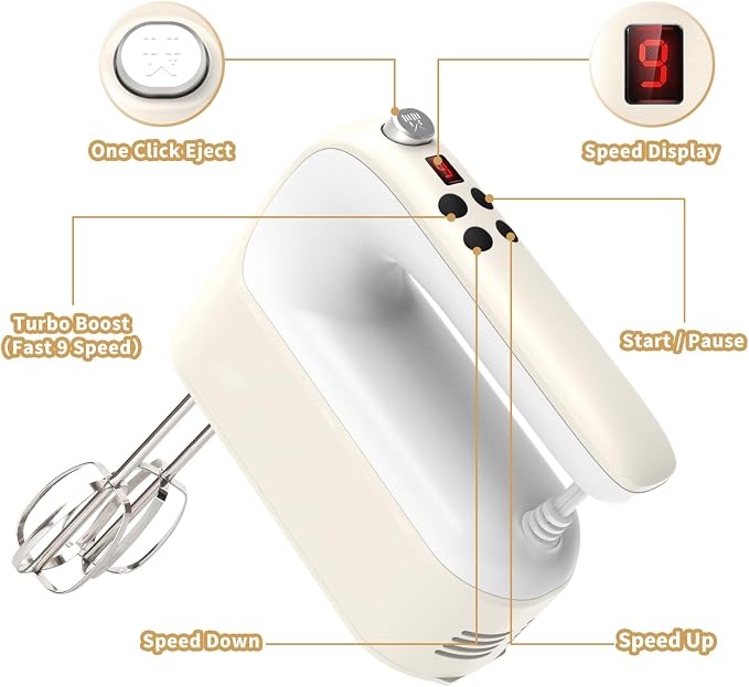 Yomelo 9-Speed Digital Hand Mixer Electric, 400W Powerful DC Motor, Hand Mixer Electric Handheld with Snap-On Storage Case, 5 Stainless Steel Accessories, Beaters, Dough Hooks, Whisk(Cream White)
