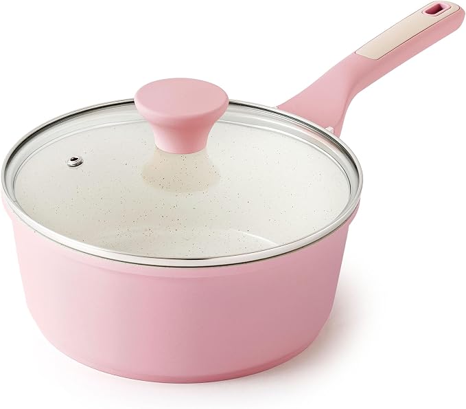 SENSARTE Ceramic Nonstick Saucepan with Lid 1.5 QT, PTFE/PFAS Free, Pink | Small Kitchen Cooking Pot with Stay Cool Handle, Induction Compatible, Ceramic Coating
