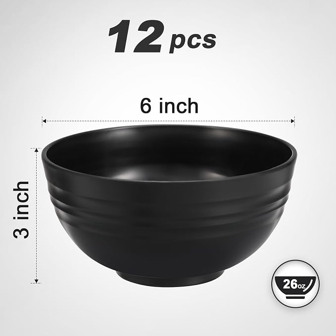 HEYCOME 12 Pcs Unbreakable Cereal Bowls Set, 26 Oz Wheat Straw Bowls Set, Microwave & Dishwasher Safe Bowls for Kitchen, Reusable Plastic Bowls for Soup, Salad and Snack, BPA Free, Black