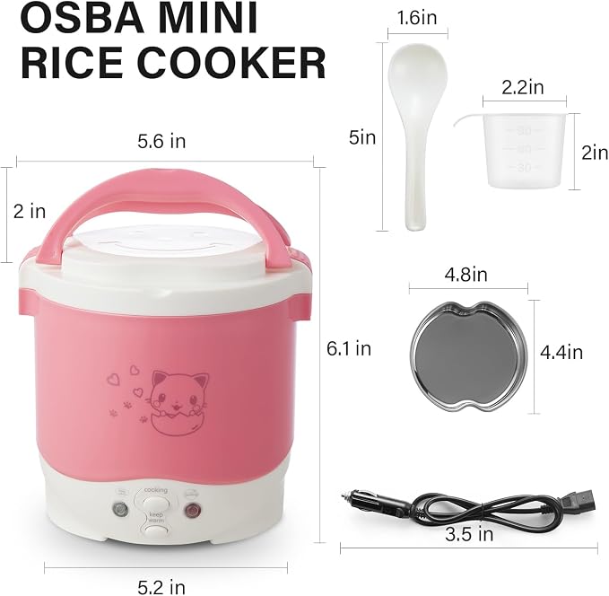 OSBA 12V Rice Cooker for Car 1L Mini Rice Cooker with Steamer, Pink | 2Cup Portable Travel Rice Cooker for 1-2 People, Cooking Heating & Auto Keeping Warm Function, Used as an Electric Lunch Box