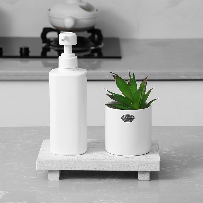 Wood Bathroom Tray Farmhouse Decor Kitchen Soap Holder, 9"x6" White | Waterproof, Lightweight, Easy Clean, Small Wooden Riser Pedestal Stand Accessories for Office Desk, Vanity, Counter, Sink