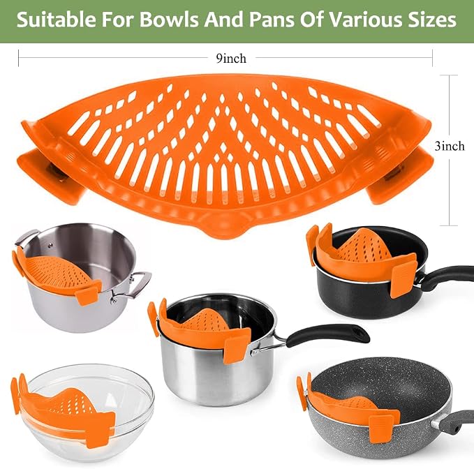 YEVIOR Clip on Strainer for Pots Pan Pasta,Silicone Food Pan Strainer | Food-grade BPA-free,Kitchen Food Strainer for Spaghetti, Pasta,Vegetable Fruits Fits All Bowls and Pots,Orange