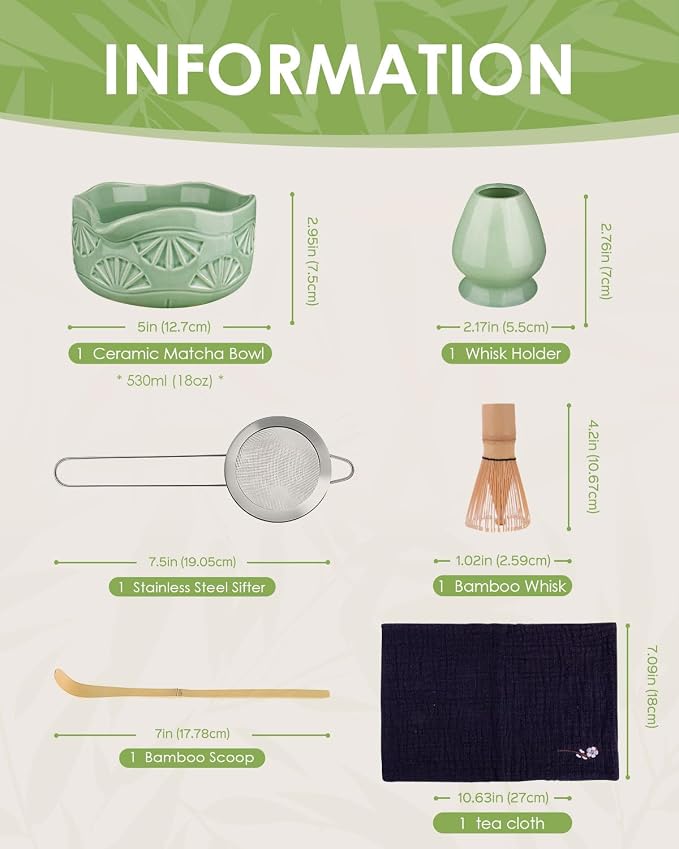 Matcha Whisk Set, Ceramic Matcha Set Includes Matcha Bowl and Matcha Whisk | Holder, Spout, Bamboo Scoop, Sifter and Tea Towel - 6 Pcs Matcha Kit Gift for Matcha Lovers Beginners