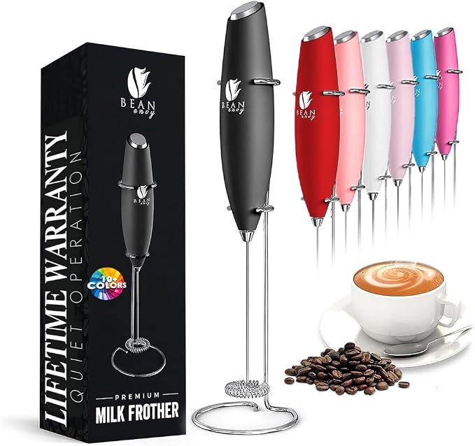 Bean Envy Milk Frother Handheld - Coffee Mixer Wand with Stand - Black | Battery Operated, Stainless Steel Whisk, 19000 RPM, Protein Powder Blender, Electric Stirrer, Mini Foamer