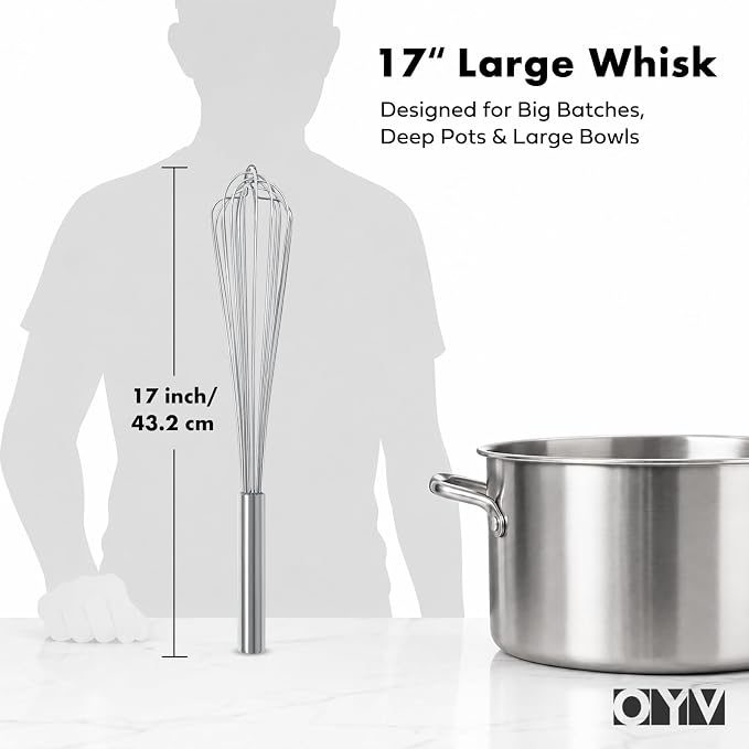 OYV 18/10 Stainless Steel Large Whisk, 17-Inch Heavy-Duty Kitchen Whisk | 2.5 mm Thick Wires, Sealed Waterproof Handle, 800°F Heat Resistant, Dishwasher Safe, For Restaurants And Large-Batch Mixing